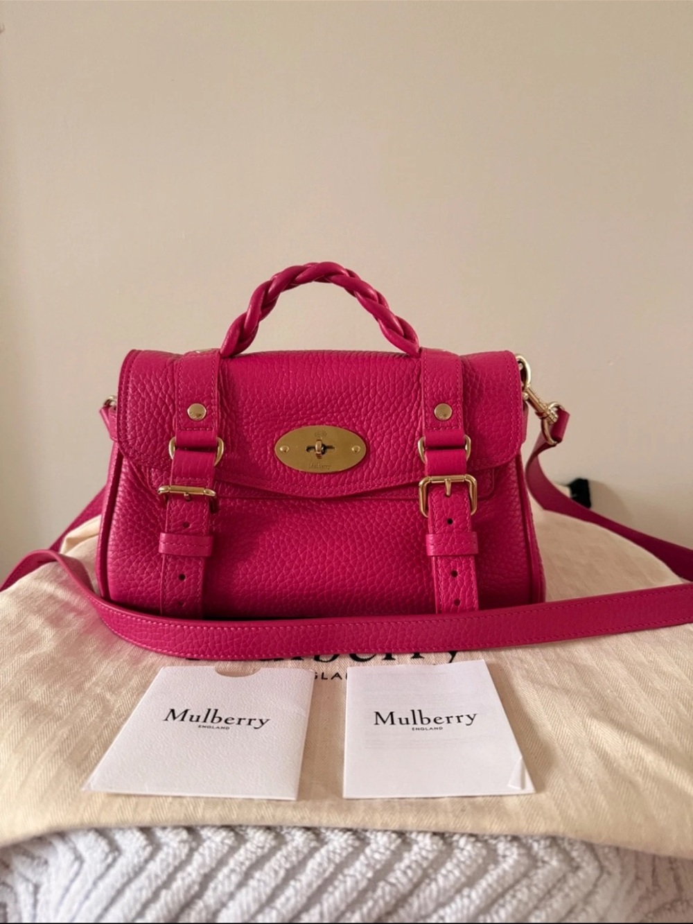 Mulberry Fuchsia Braided-Handle Leather Satchel with Gold Hardware